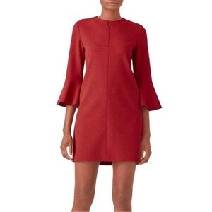 Tibi Brick Red Bell Sleeve mini 0 lined dual zippers shift polyester blend dress